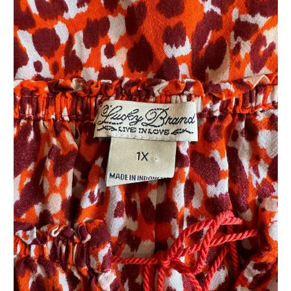 Lucky Brand Plus 1X Red & Orange Animal Print Tie-Neck Off-Shoulder Boho Top - Picture 2 of 9
